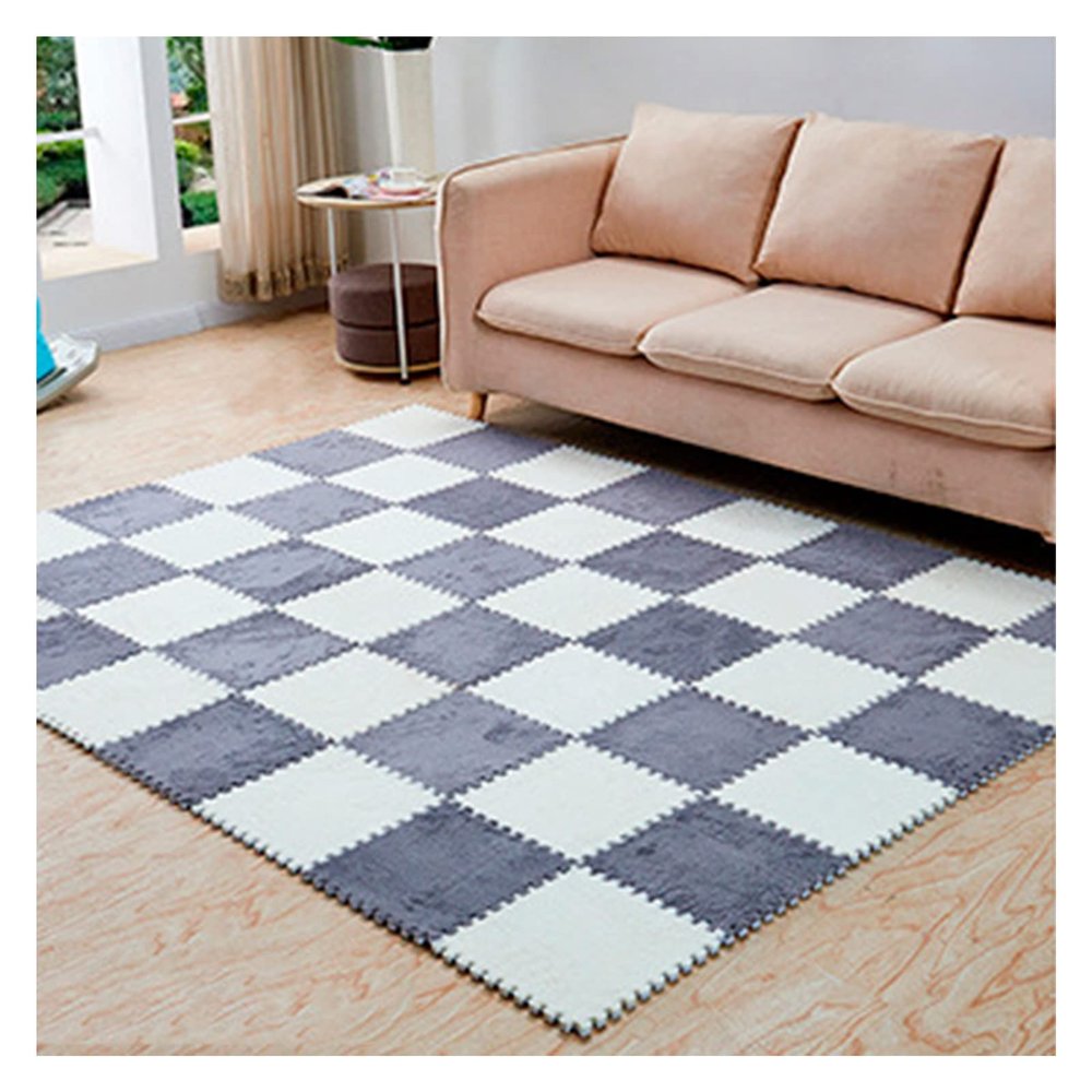 10 Pieces Plush Puzzle Foam Floor Mat,Soft Fluffy Interlocking Foam Tiles,10 Tiles/9.7 Sq.Ft Area Rugs,12"X12" Carpet Squares for Classroom Home Winter,Grey+White