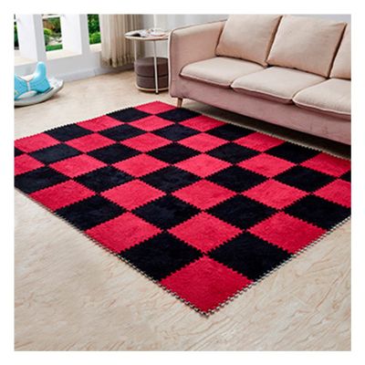 10 Pieces Plush Puzzle Foam Floor Mat,Soft Fluffy Interlocking Foam Tiles,10 Tiles/9.7 Sq.Ft Area Rugs,12"X12" Carpet Squares for Classroom Home Winter,Black+red
