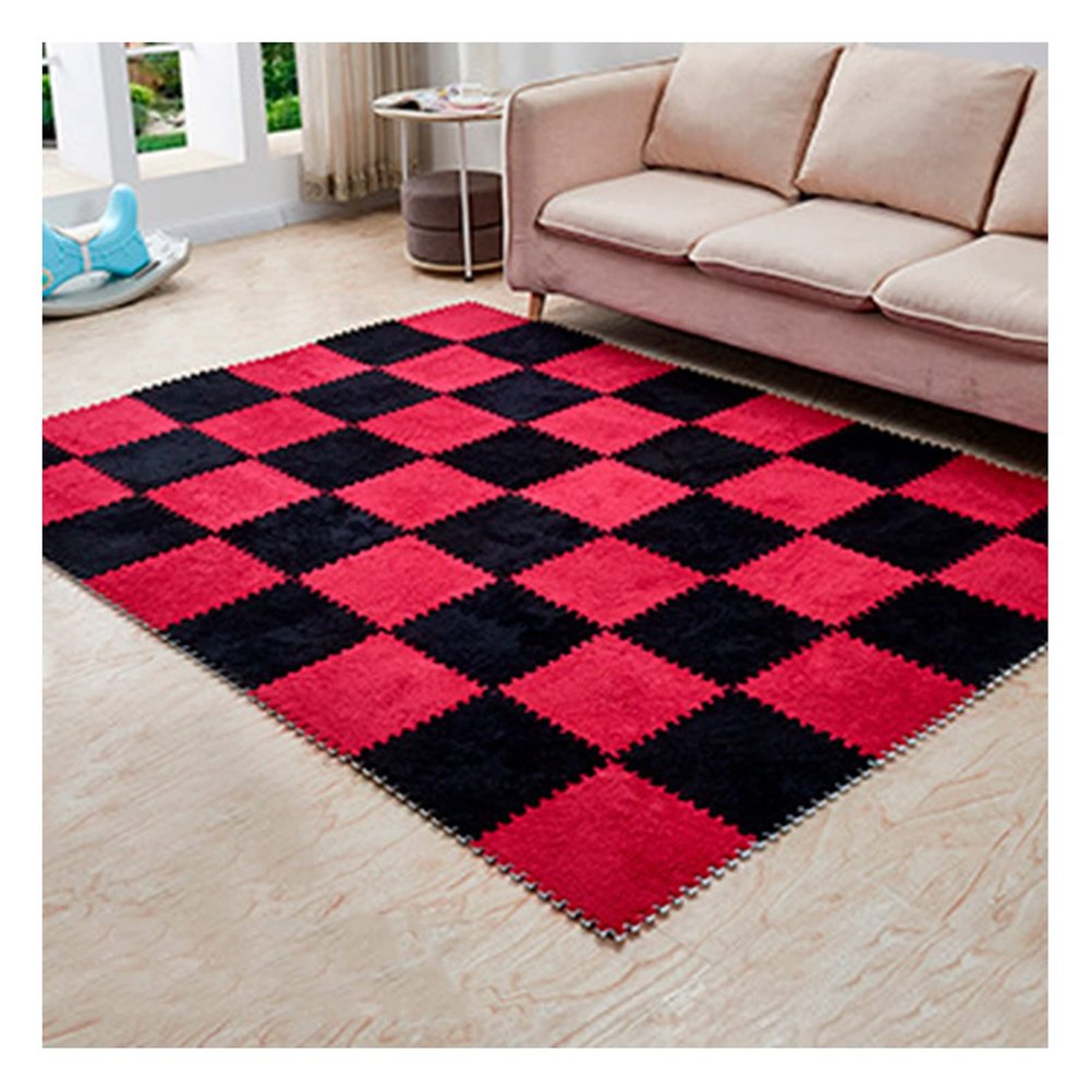 10 Pieces Plush Puzzle Foam Floor Mat,Soft Fluffy Interlocking Foam Tiles,10 Tiles/9.7 Sq.Ft Area Rugs,12"X12" Carpet Squares for Classroom Home Winter,Black+red