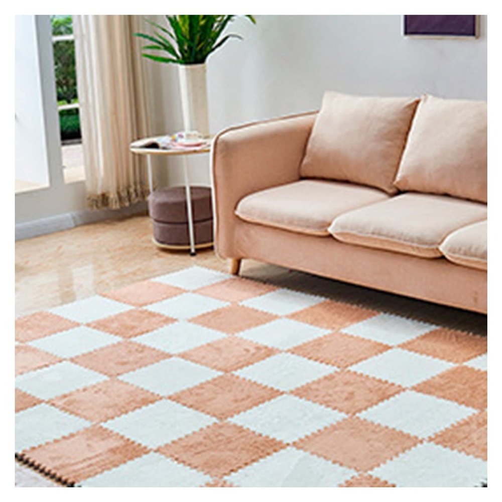 10 Pieces Plush Puzzle Foam Floor Mat,Soft Fluffy Interlocking Foam Tiles,10 Tiles/9.7 Sq.Ft Area Rugs,12"X12" Carpet Squares for Classroom Home Winter,Camel+White