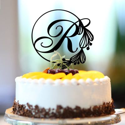 Vinisong Personalized Letter Cake Toppers Initials R Cake Topper Black Acrylic Cake Decoration Wreath Cake Topper Perfect for Birthday Wedding Anniversary Party(R,06)