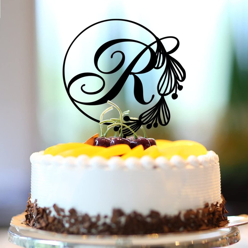 Vinisong Personalized Letter Cake Toppers Initials R Cake Topper Black Acrylic Cake Decoration Wreath Cake Topper Perfect for Birthday Wedding Anniversary Party(R,06)