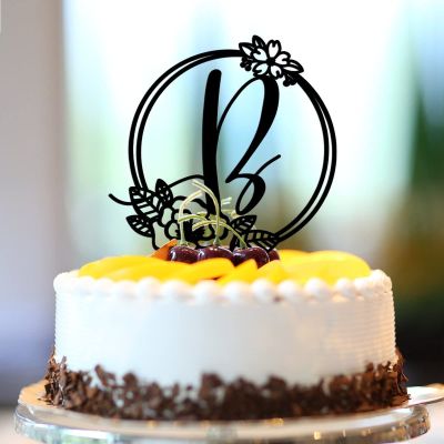 Vinisong Personalized Letter Cake Toppers Initials B Cake Topper Black Acrylic Cake Decoration Wreath Cake Topper Perfect for Birthday Wedding Anniversary Party(B,05)