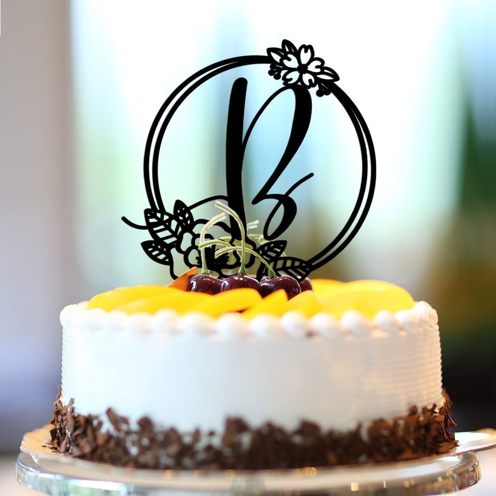 Vinisong Personalized Letter Cake Toppers Initials B Cake Topper Black Acrylic Cake Decoration Wreath Cake Topper Perfect for Birthday Wedding Anniversary Party(B,05)