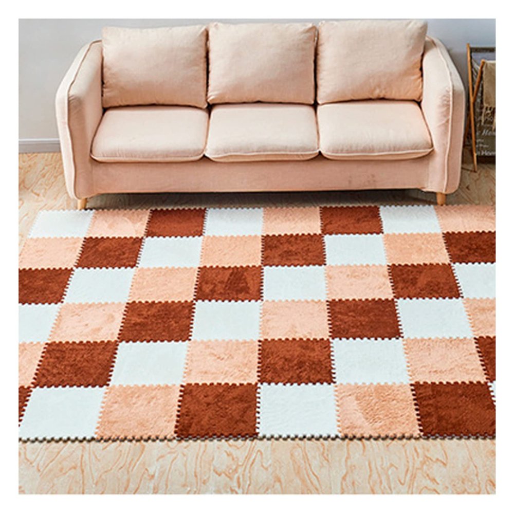 10 Pieces Plush Puzzle Foam Floor Mat,Soft Fluffy Interlocking Foam Tiles,10 Tiles/9.7 Sq.Ft Area Rugs,12"X12" Carpet Squares for Classroom Home Winter,Coffee+Camel+White