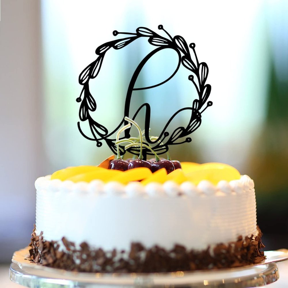 Vinisong Personalized Letter Cake Toppers Initials H Cake Topper Black Acrylic Cake Decoration Wreath Cake Topper Perfect for Birthday Wedding Anniversary Party(H,04)