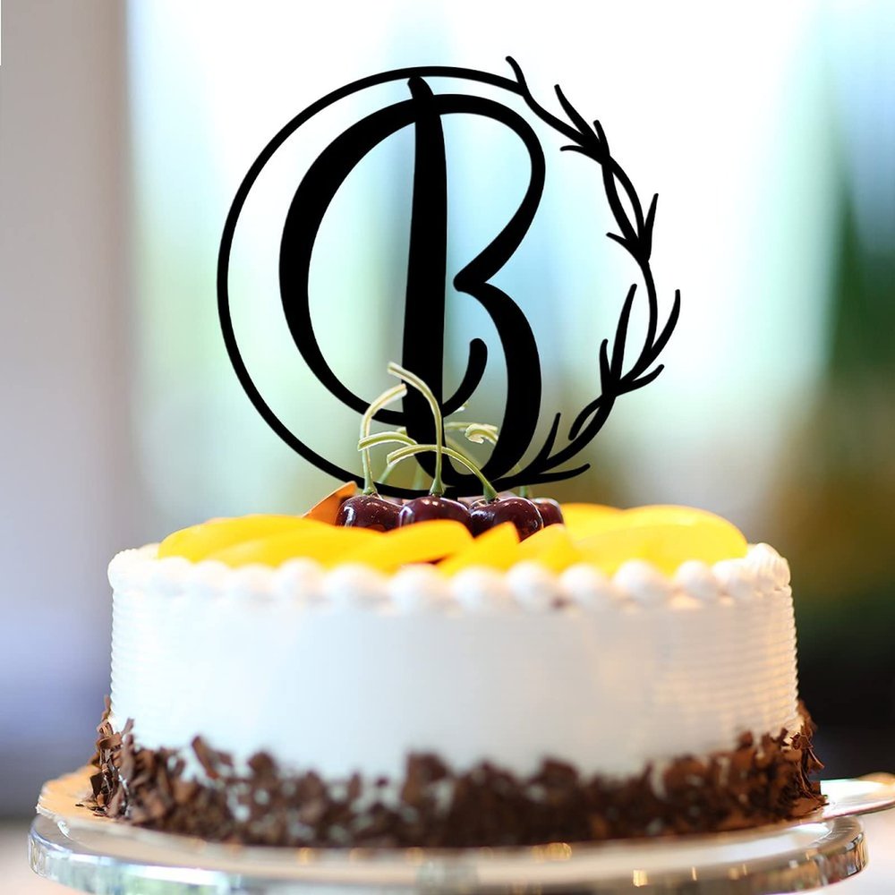 Vinisong Personalized Letter Cake Toppers Initials B Cake Topper Black Acrylic Cake Decoration Wreath Cake Topper Perfect for Birthday Wedding Anniversary Party(B,03)