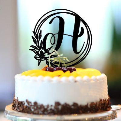 Vinisong Personalized Letter Cake Toppers Initials H Cake Topper Black Acrylic Cake Decoration Wreath Cake Topper Perfect for Birthday Wedding Anniversary Party(H,07)