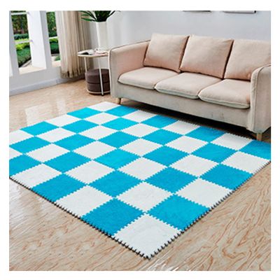 10 Pieces Plush Puzzle Foam Floor Mat,Soft Fluffy Interlocking Foam Tiles,10 Tiles/9.7 Sq.Ft Area Rugs,12"X12" Carpet Squares for Classroom Home Winter,Blue+White