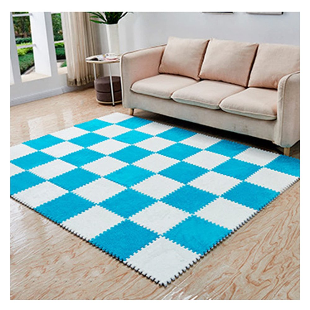 10 Pieces Plush Puzzle Foam Floor Mat,Soft Fluffy Interlocking Foam Tiles,10 Tiles/9.7 Sq.Ft Area Rugs,12"X12" Carpet Squares for Classroom Home Winter,Blue+White