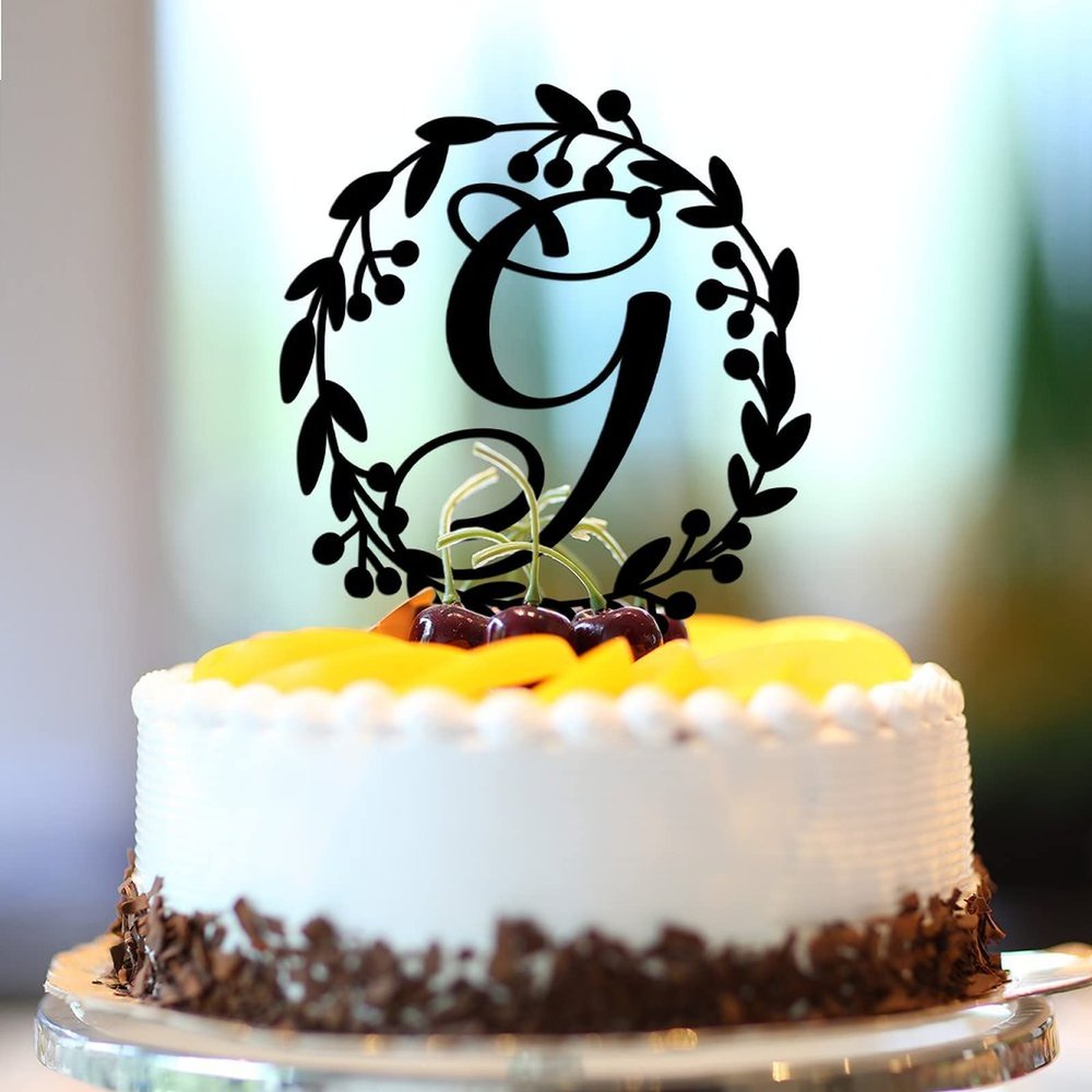 Vinisong Personalized Letter Cake Toppers Initials G Cake Topper Black Acrylic Cake Decoration Wreath Cake Topper Perfect for Birthday Wedding Anniversary Party(G,08)