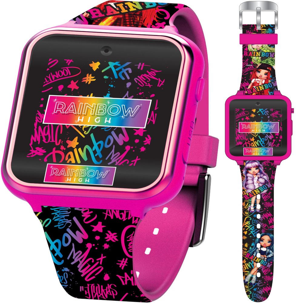 Accutime Kids Rainbow High Educational Learning Touchscreen Pink Smart Watch Toy with Multicolor Strap for Girls, Boys, Toddlers - Selfie Cam, Games, Alarm, Calculator, Pedometer (Model: RNB4017AZ)