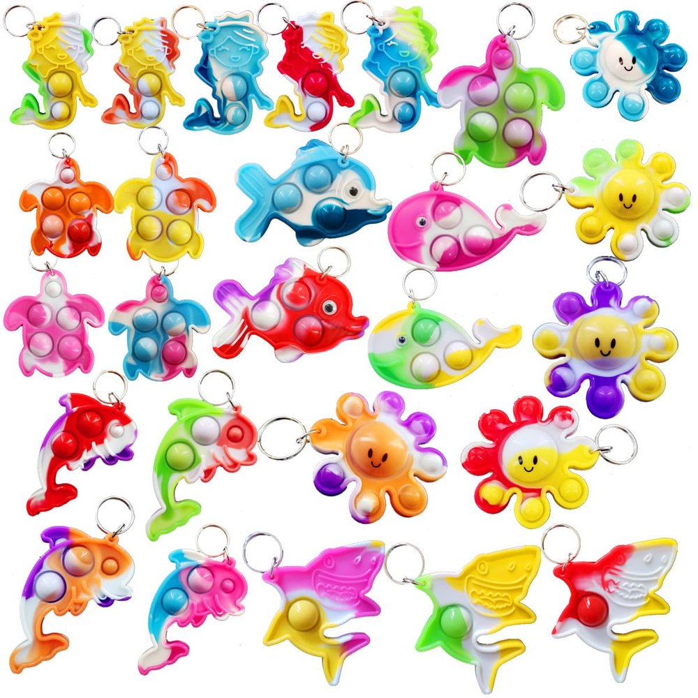 HOZKEAP 26 Packs Bluk Sea Animal Octopus fishs dolphins turtles sharks whales mini Pop Keychain,Birthday Party Favors Supplies summer students Prize , Backpack Charms Classroom Prizes