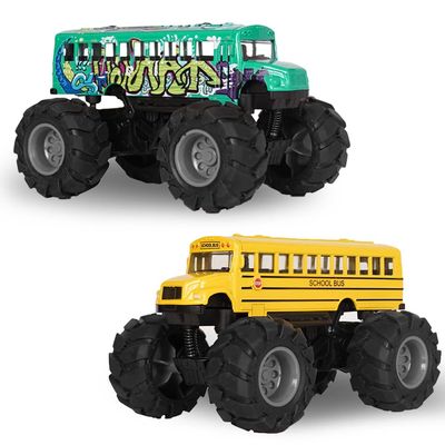Crelloci 2 Pack School Bus Monster Truck Toy, Die Cast Big Wheel Monster Truck, Green Yellow Pull Back Car Toys, Play Vehicle Gifts for Kids, Toddlers, Boys Age 3+