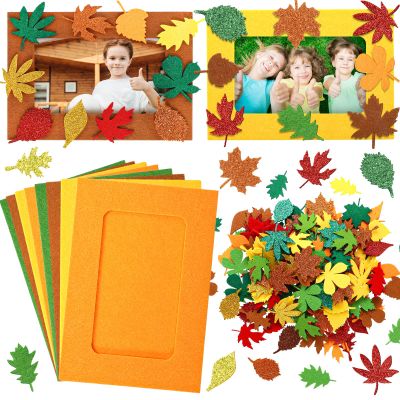 Ferraycle 232 Pcs Thanksgiving DIY Picture Frames Craft Kit Fall Felt Photo Frames with Leaves Pumpkin Harvest Crafts with Foam Stickers for Autumn Party Favor(Mix Color,Leaf)