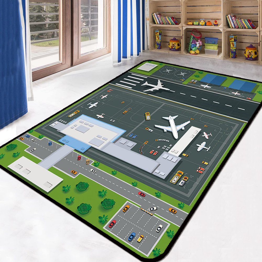 Large Airport Play Mat for Playing with Little Cars ,Road Traffic Educational Carpet,Fun Bedroom Playroom Area Rug for Boys Girls Learning Playing-120x160cm(47x63inch)