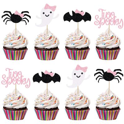 24Pcs Pink Black Two Spooky Cupcake Toppers Halloween 2nd Birthday Cupcake Toppers for Two Spooky Halloween Birthday Cupcake Topper Decor