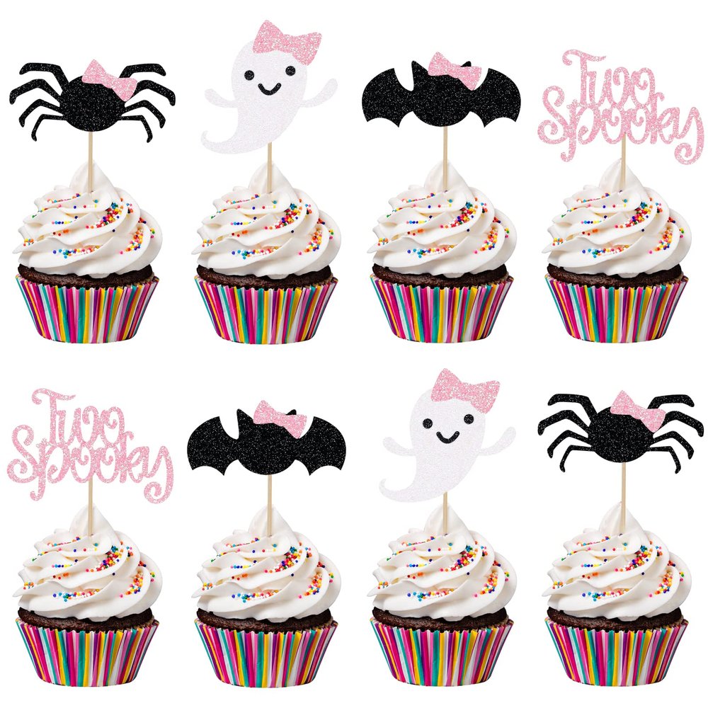 24Pcs Pink Black Two Spooky Cupcake Toppers Halloween 2nd Birthday Cupcake Toppers for Two Spooky Halloween Birthday Cupcake Topper Decor