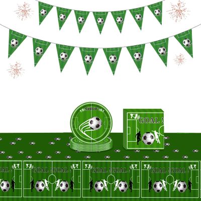 38pcs Soccer Theme Party Decor Supplies Include Soccer Happy Birthday Pennant Banner Goal Tablecloth 7inch Disposable Paper Plates Napkins for Boys Birthday Sports Soccer Event Party Home Decorations