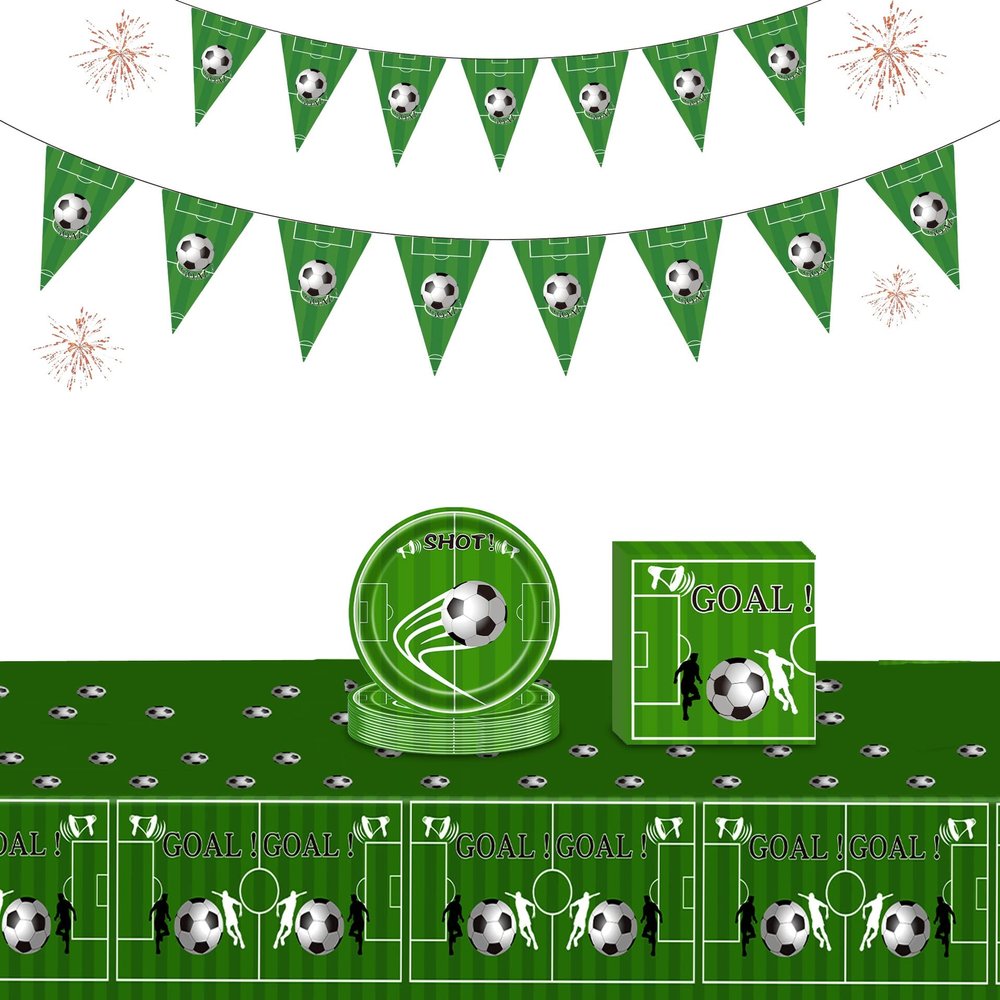 38pcs Soccer Theme Party Decor Supplies Include Soccer Happy Birthday Pennant Banner Goal Tablecloth 7inch Disposable Paper Plates Napkins for Boys Birthday Sports Soccer Event Party Home Decorations