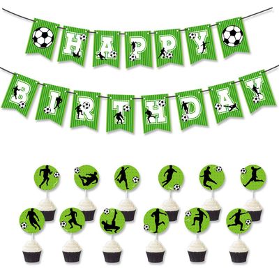 13pcs Soccer Theme Party Decor Supplies Include Soccer Happy Birthday Banner Goal Garland Soccer Ball Cupcake Toppers for Children Boys Birthday Sports Soccer Event Party Home Club Decorations