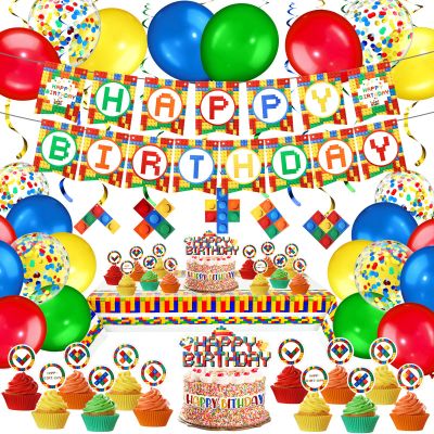 78 Pcs Building Block Birthday Party Supplies Party Decorations Include Happy Birthday Banner, Building Block Swirls, Table Cover, Cake Toppers, Cupcake Toppers, Balloons for Boys Girls Kids