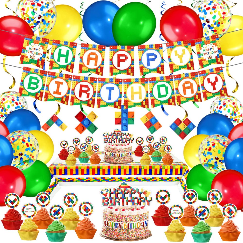 78 Pcs Building Block Birthday Party Supplies Party Decorations Include Happy Birthday Banner, Building Block Swirls, Table Cover, Cake Toppers, Cupcake Toppers, Balloons for Boys Girls Kids