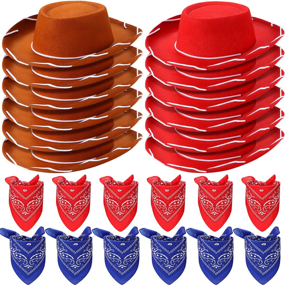 24 Pieces Cowboy Hats and Bandanas for Kids Western Cowboy Costume Hat Accessories for Toddler Child Western Theme Birthday Party Supplies Halloween Costume Dress(Brown, Red)