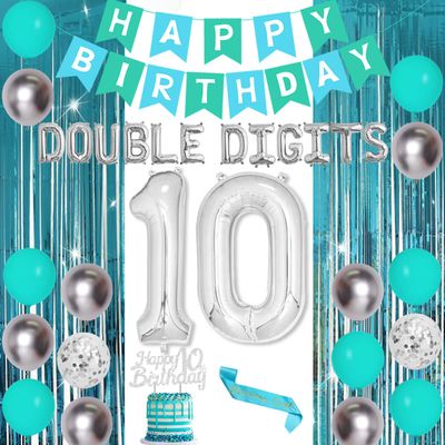 10th Birthday Decorations for Girl Teal, Double Digits Party Supplies Happy Birthday Banner Turquoise Cake Topper Sash Number 10 Double Digits Foil Balloon Backdrop Curtain for 10 Year Old Party Decor