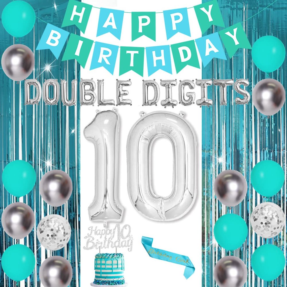 10th Birthday Decorations for Girl Teal, Double Digits Party Supplies Happy Birthday Banner Turquoise Cake Topper Sash Number 10 Double Digits Foil Balloon Backdrop Curtain for 10 Year Old Party Decor