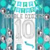10th Birthday Decorations for Girl Teal, Double Digits Party Supplies Happy Birthday Banner Turquoise Cake Topper Sash Number 10 Double Digits Foil Balloon Backdrop Curtain for 10 Year Old Party Decor view 1