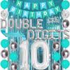10th Birthday Decorations for Girl Teal, Double Digits Party Supplies Happy Birthday Banner Turquoise Cake Topper Sash Number 10 Double Digits Foil Balloon Backdrop Curtain for 10 Year Old Party Decor view 3