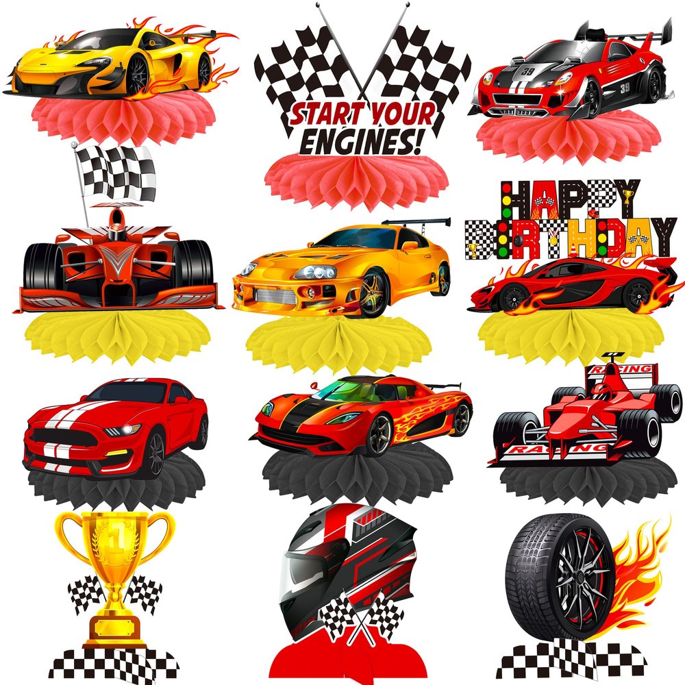 12Pcs Race Car Birthday Centerpieces for Children Car Racing Decorations for Race Car Birthday Supplies Race Car Party Supplies