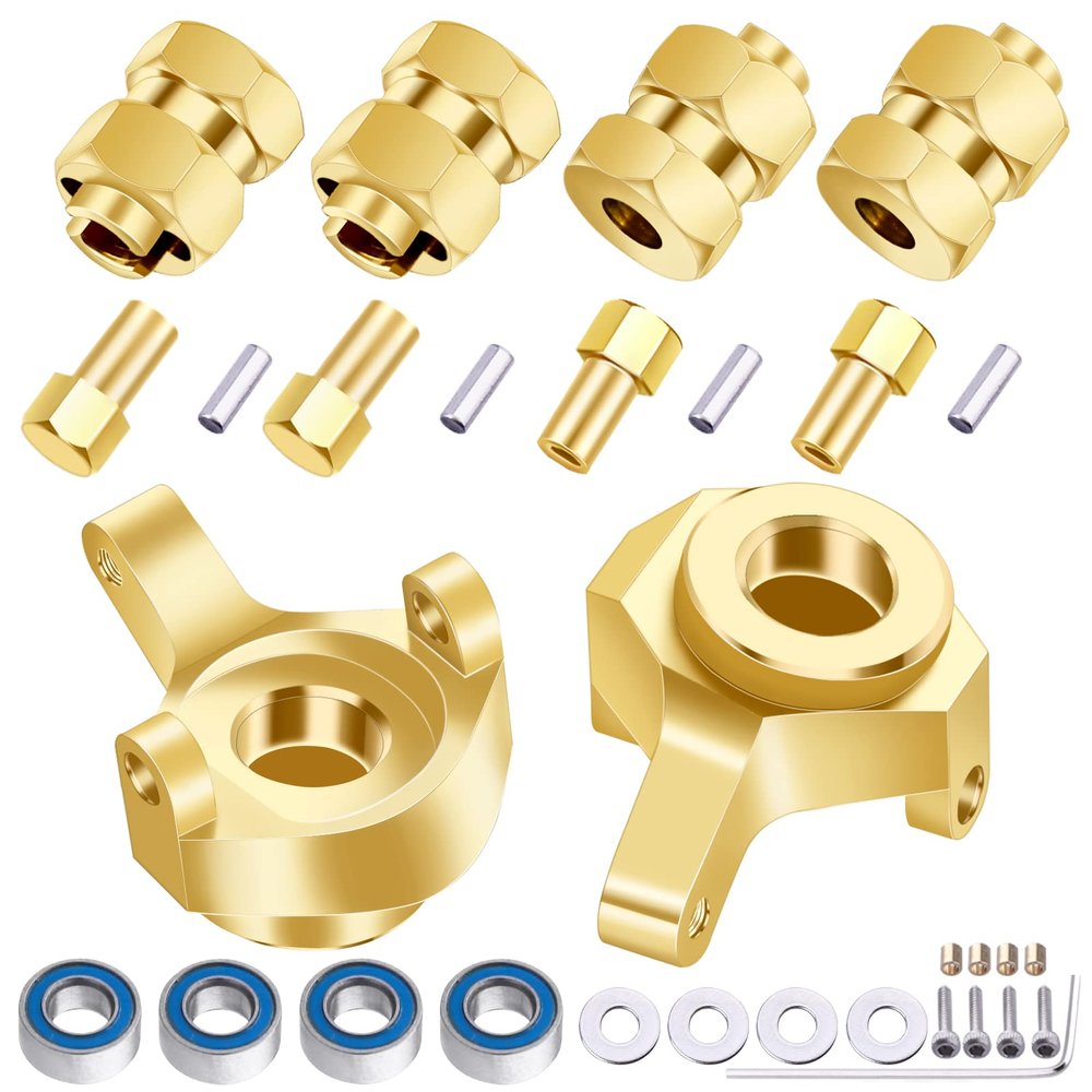 AllinRC Brass Steering Knuckles and Extended 7mm Wheel Hex Hub with Ball Bearings Compatible with Axial SCX24 1/24 RC Crawler Car AXI90081 Upgrades Parts (Gold)