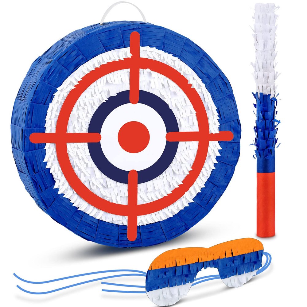 Deekin 3 Pcs Dart Piata Set Include Large Dart Gun Shooting Target Piata with Stick Eye Mask for Kids Birthday Party Game Favors Supplies 12.8x12.8 Inch