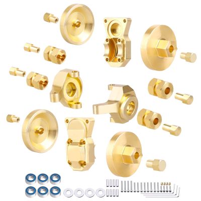 AllinRC SCX24 Brass Upgrades Set Steering Knuckles Wheel Weights Extended Hex Adapter Front Rear Diff Cover & Ball Bearings for Axial 1/24 SCX24 (Gold)