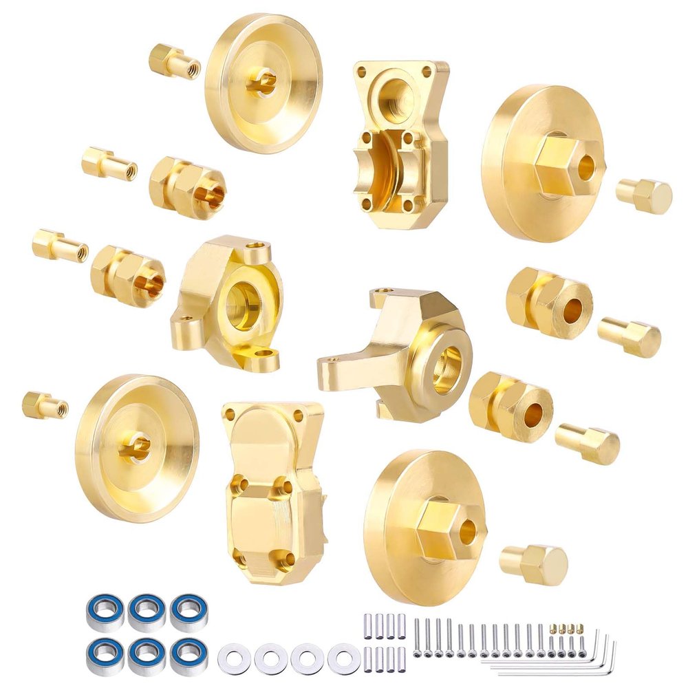 AllinRC SCX24 Brass Upgrades Set Steering Knuckles Wheel Weights Extended Hex Adapter Front Rear Diff Cover & Ball Bearings for Axial 1/24 SCX24 (Gold)
