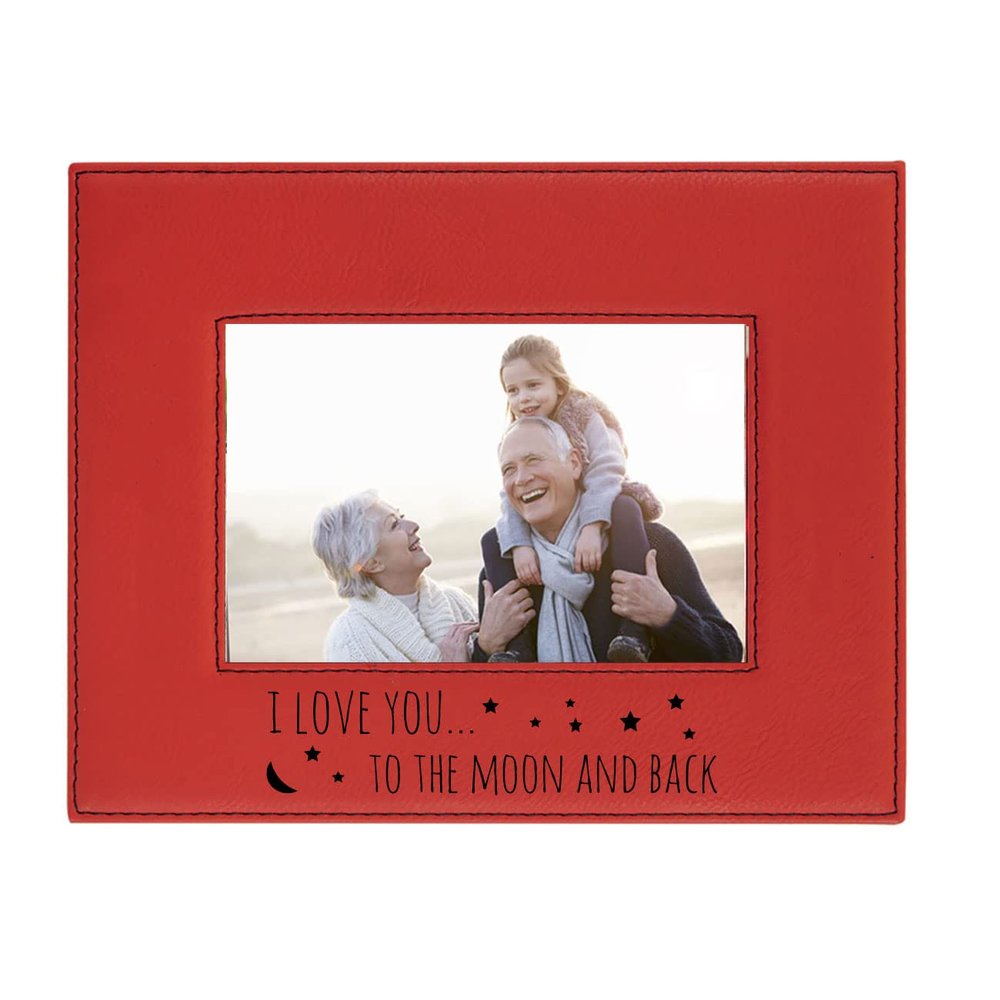 I Love you To The Moon And Back Laser Engraved Faux Leather Red Leatherette Wall Hanging/Tabletop 4x6 Horizontal Landscape Picture Group Family New First Time Seeing Grandchild Baby Photo Frame