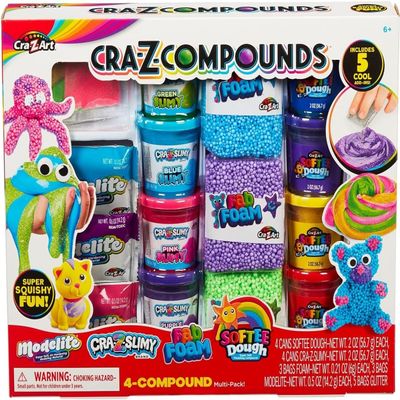 CRA-Z-Slimy Slime Compound Set Toy, 4 Compound Packs Contains Multiple Unique Compounds. 4 Cans of Softee Dough, 4 Cans of CRA Z Slimy, 3 Bags of Fab Foam, 3 Bags Modelite and 5 Bags