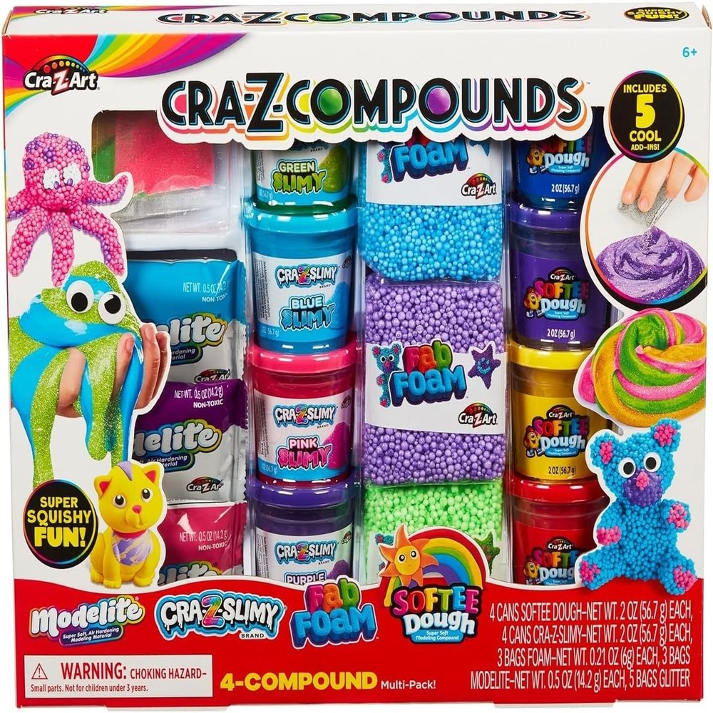 CRA-Z-Slimy Slime Compound Set Toy, 4 Compound Packs Contains Multiple Unique Compounds. 4 Cans of Softee Dough, 4 Cans of CRA Z Slimy, 3 Bags of Fab Foam, 3 Bags Modelite and 5 Bags