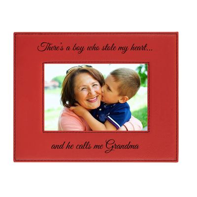 CustomGiftsNow There's a boy who Stole My Heartand he Calls me Grandma Laser Engraved Faux Leather Red Leatherette Wall Hanging/Tabletop Picture Group Family New Grandchild Baby Photo Frame