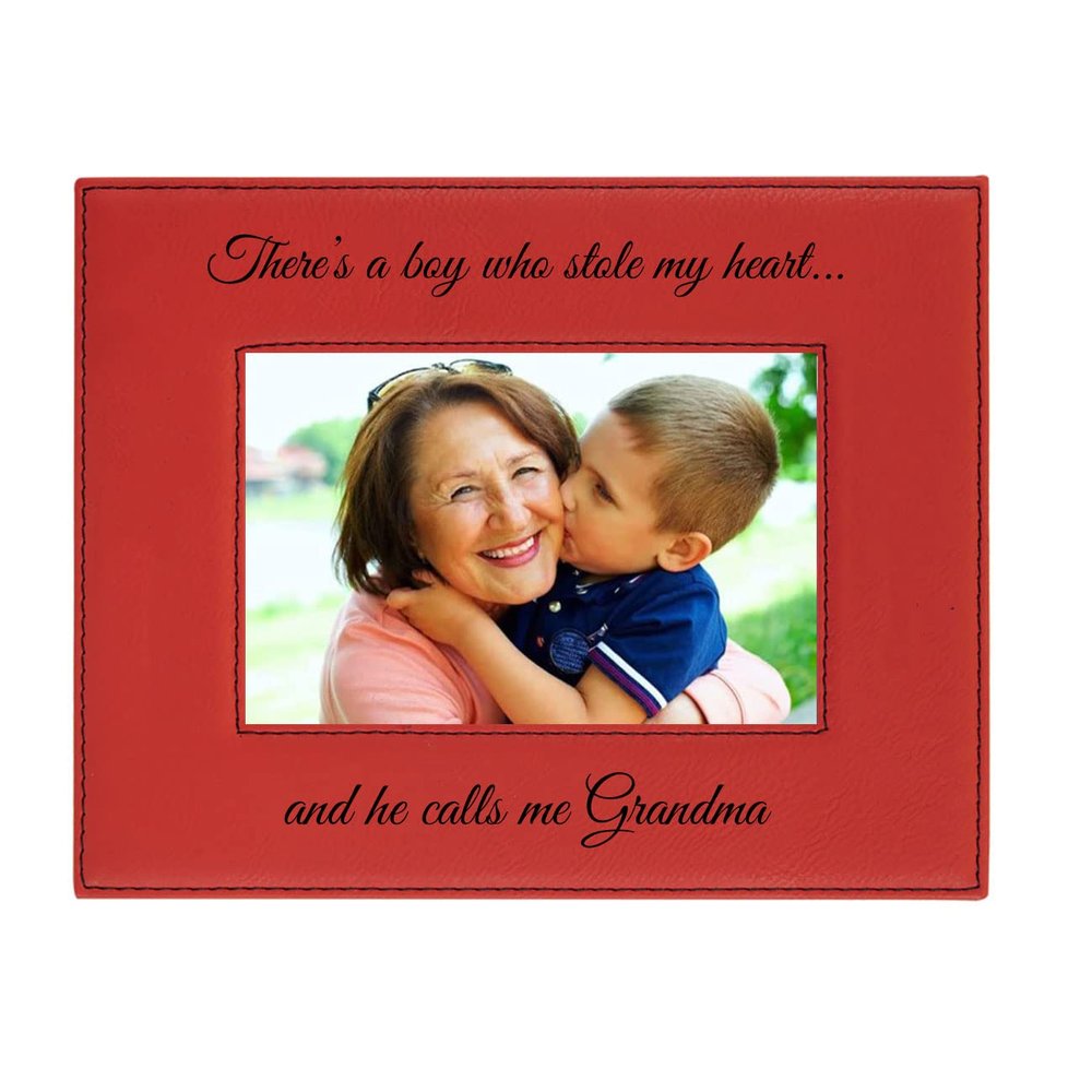 CustomGiftsNow There's a boy who Stole My Heartand he Calls me Grandma Laser Engraved Faux Leather Red Leatherette Wall Hanging/Tabletop Picture Group Family New Grandchild Baby Photo Frame