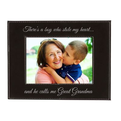 CustomGiftsNow There's a boy who Stole My Heartand he Calls me Great Grandma Laser Engraved Faux Leather Black Leatherette Wall Hanging/Tabletop Picture Group Family New Grandchild Baby Photo Frame