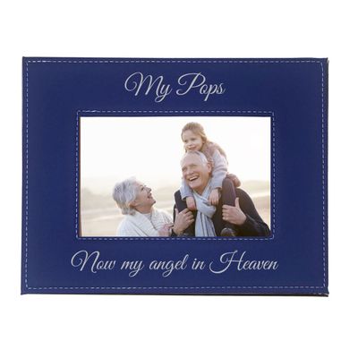 CustomGiftsNow My Pops Now My Angel in Heaven Laser Engraved Faux Leather Blue Leatherette Wall Hanging/Tabletop Picture Group Family New First Time Seeing Grandchild Baby Photo Frame