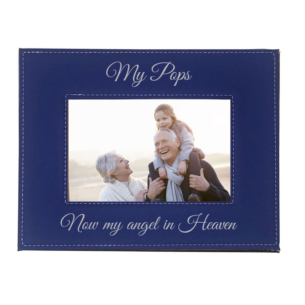 CustomGiftsNow My Pops Now My Angel in Heaven Laser Engraved Faux Leather Blue Leatherette Wall Hanging/Tabletop Picture Group Family New First Time Seeing Grandchild Baby Photo Frame