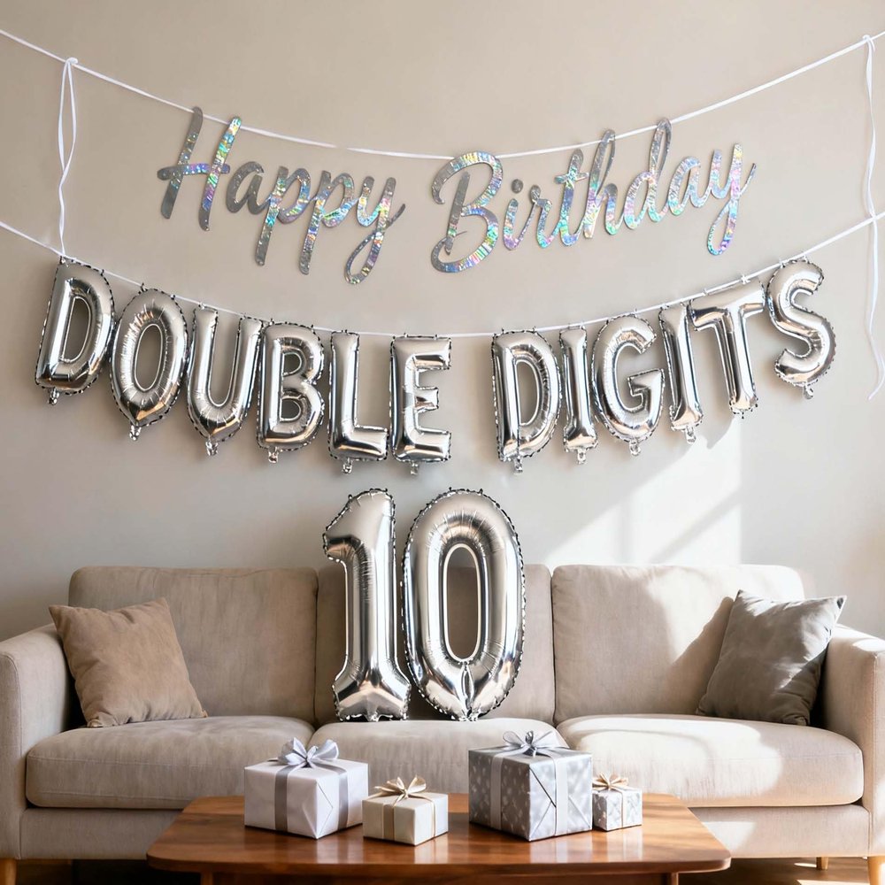 10th Birthday Decorations for Boys Girls, Double Digits 10th Birthday Balloon Happy 10th Birthday Banner Jumbo Number 10 Foil Balloons for 10 Years Old Boys Girls Sons Daughter (10th Silver)