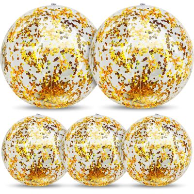 5 Pcs Inflatable Beach Balls, 16 Inch & 24 Inch Large Confetti Glitter Beach Balls, Sequins Clear Blow up Pool Balls Toys for Christmas Party Decorations 2026 New Year Birthday Summer Swimming Pool