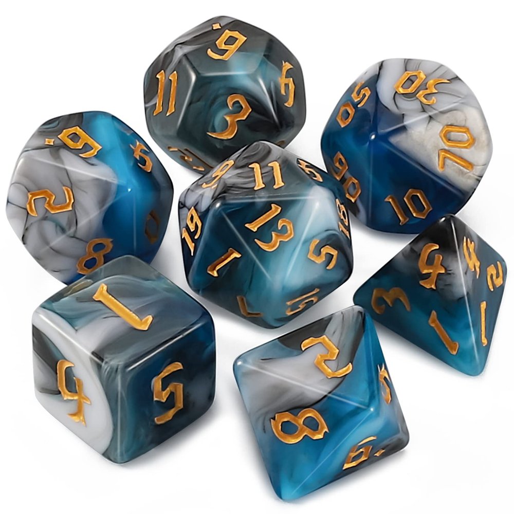 CiaraQ DND Polyhedral Dice Set with Dice Bag for Dungeons and Dragons RPG MTG Role Playing Table Games (Cyan Mixed White + Gold Font)