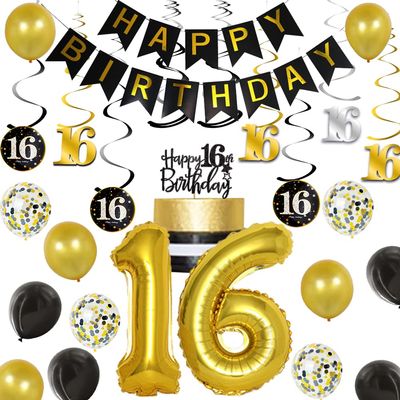 16th Birthday Decorations for Boys, Black and Gold Party Decorations with Happy 16th Birthday Banner Cake Topper Number 16 Foil Balloon Hanging Swirls for Sweet Sixteen Birthday Supplies