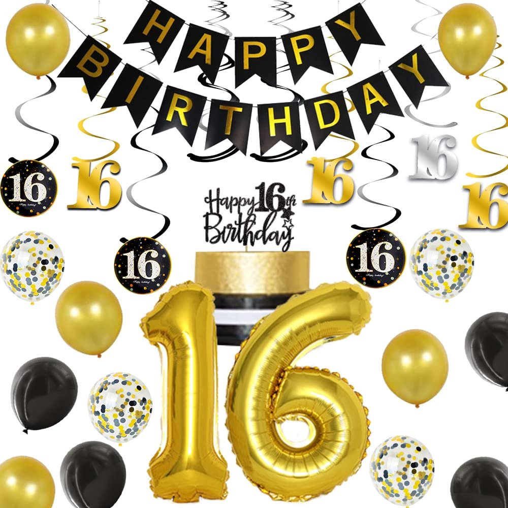 16th Birthday Decorations for Boys, Black and Gold Party Decorations with Happy 16th Birthday Banner Cake Topper Number 16 Foil Balloon Hanging Swirls for Sweet Sixteen Birthday Supplies